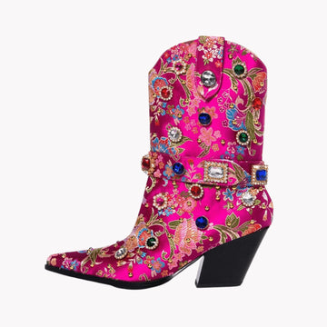 Western Embellished Floral Ankle Boots